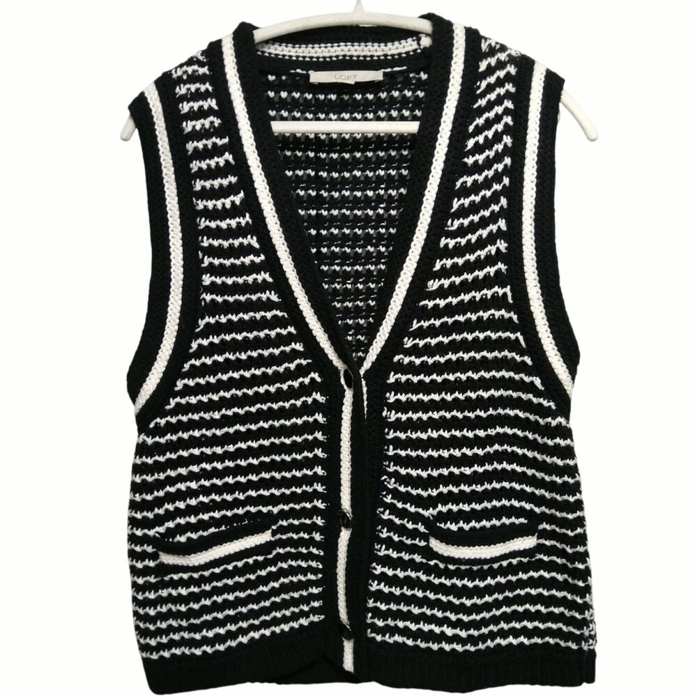 Loft chunky soft  knit sweater vest  black/ white striped. Varsity old money